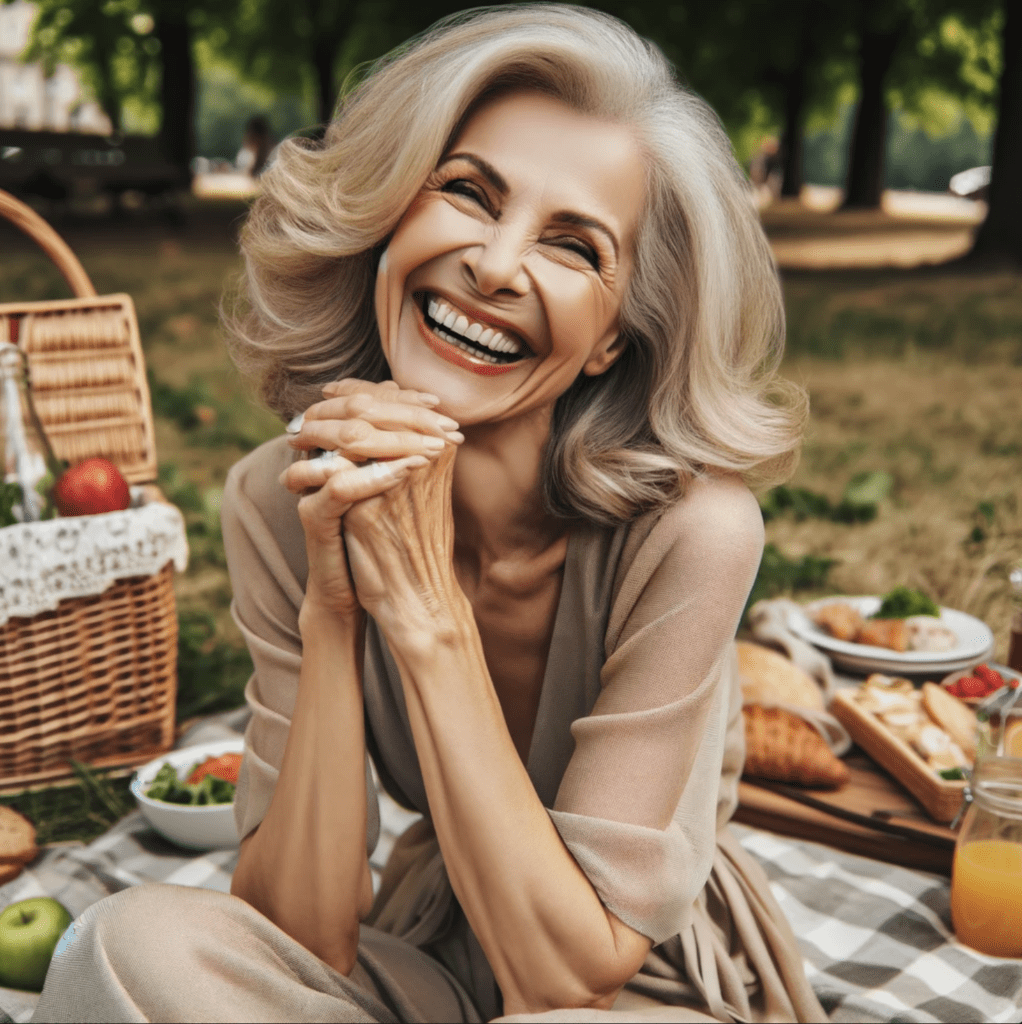 Idosa sem óculos, rindo feliz da vida com a correção da presbiopia