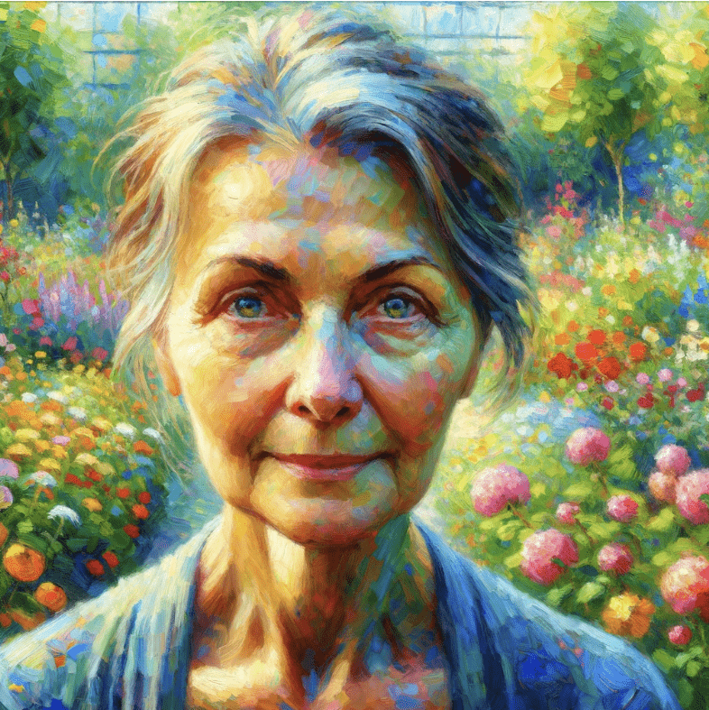 Aqui está a imagem de uma mulher de 50 anos sem óculos, experimentando uma discreta dificuldade visual para enxergar à distância, retratada em um amplo e florido jardim, inspirada no estilo impressionista. A expressão da mulher e a vivacidade do jardim são capturadas com as características típicas do impressionismo.