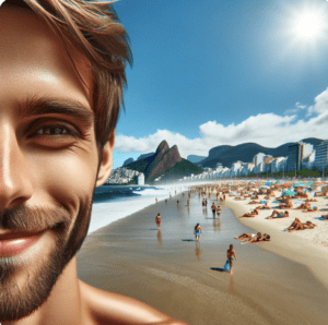 HOMEM NA PRAIA LIVRE DO ÓCULOS APÓS CIRURGIA OCULAR